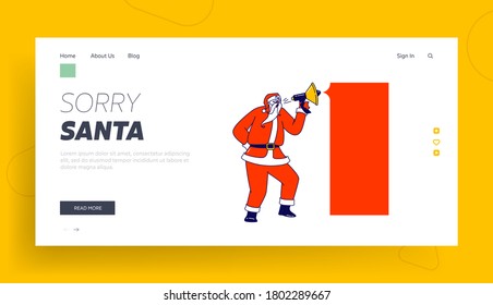 Santa Claus with Loudspeaker and Mockup Banner Announcing Christmas Sale Landing Page Template. Character and Speech Bubble with Copy Space for Advertising Mock Up. Linear People Vector Illustration