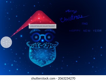 Santa Claus baja la cara de poly. Triángulos y diseño de estilo de partícula. Feliz Navidad y Feliz Año Nuevo. Ilustración vectorial.