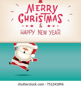 Santa Claus lowering retro textual signboard.Vector illustration for Christmas greeting.