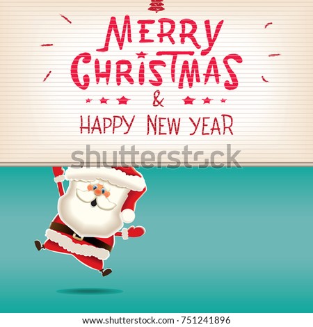 Santa Claus lowering retro textual signboard.Vector illustration for Christmas greeting.