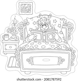 Santa Claus lying in his old bed and reading an interesting storybook by candlelight on a winter evening before bedtime, black and white vector cartoon illustration for a coloring book page