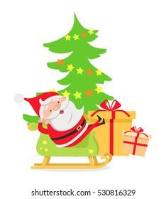 Santa Claus lying in his wooden sleigh near decorated Christmas tree. Different in size and shape boxes of presents. Cartoon design. Evergreen tree adorned with colourful stars. Flat style. Vector