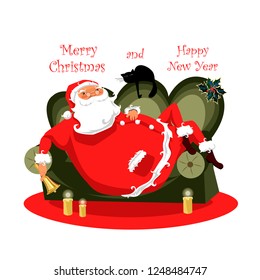 Santa Claus is lying on the couch with a cat. vector Christmas illustration