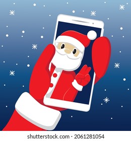 Santa claus made selfie with peace gesture on smartphone. Christmas vector illustration.