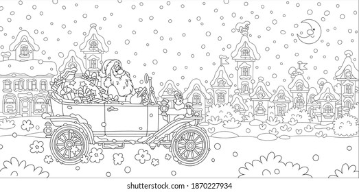 Santa Claus with a magic bag of winter holiday gifts driving his retro car down a snow-covered street of a pretty small town on a snowy moonlit night