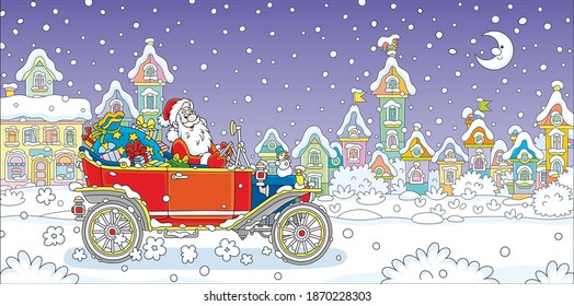 Santa Claus with a magic bag of winter holiday gifts driving his retro car down a snow-covered street with colorful houses of a pretty small town on a snowy moonlit night