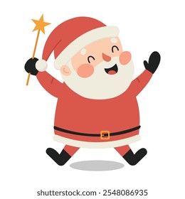 Papá Noel con varita mágica. Ilustración vectorial en un estilo plano. Tarjeta de Navidad. Lindo personaje de dibujos animados. Ilustración vectorial.