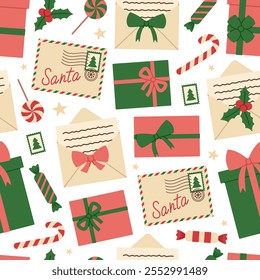 Santa Claus mail seamless pattern. Christmas envelopes, letters, postage stamps, gift boxes and sweets. Holiday delivery. Vector flat illustration for wallpaper, textile, packaging