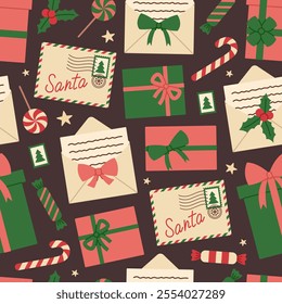 Santa Claus mail seamless pattern on brown background. Christmas envelopes, letters, postage stamps, gift boxes and sweets. Holiday delivery. Vector flat illustration for wallpaper, textile, packaging