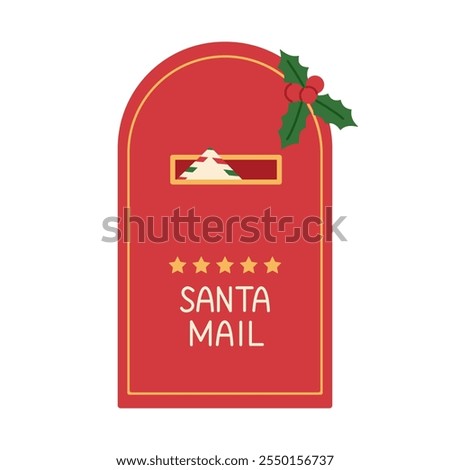 Santa Claus mailbox with envelope inside. Traditional red post box with stars and holly. Christmas letters delivery. Vector flat illustration isolated on white background