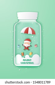 Santa Claus make parachute jump in a jar,Merry christmas and happy new year greeting card,Paper cut and craft style