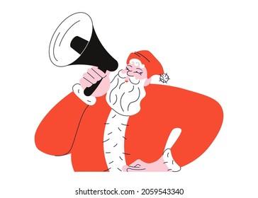 Santa Claus makes an announcement in a megaphone. Christmas winter holiday design element isolated on white background. Flat Art Vector Illustration.