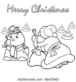 Santa Claus makes a carrot nose snowman