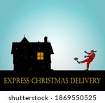 Santa Claus makes express delivery of Christmas presents into a house by dropkick. Hand drawn vector illustration.