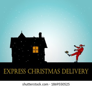 Santa Claus makes express delivery of Christmas presents into a house by dropkick. Hand drawn vector illustration.