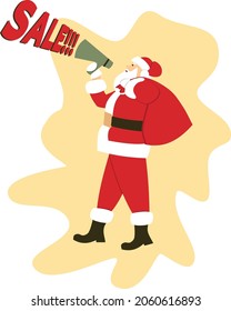 Santa Claus makes a loudspeaker announcement. Discounts, sale. typographic print, banner, poster