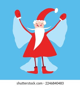 Santa Claus makes snow angel. Good choice for postcard. Funny vector illustration, hand drawn image. Character for christmas story