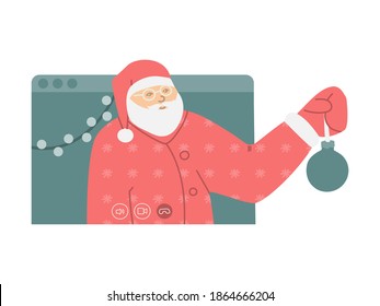Santa Claus makes a video call. Remote New Year and Christmas concept. Santa Claus Videoconference application on a smartphone or laptop. Vector flat illustration.