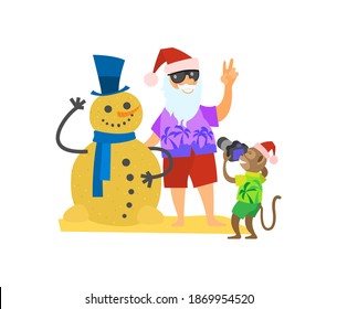 Santa Claus Making Photo With Snowman Made Of Sand In Winter Hat And Scarf. Monkey Shooting Posing Saint Nicholas On Summer Holidays, Vector New Year