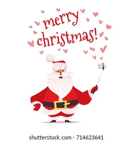 Santa Claus making selfie and getting many hearts. Merry Christmas sample text on top of illustration. Vector cartoon flat character design on white background.