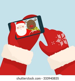 Santa Claus making selfie with reindeer on his smartphone. Vector Illustration