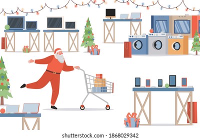 Santa Claus making shopping in electronics store vector flat illustration. Santa Claus preparing for Christmas and New Year holidays, buying gifts. Happy New Year and Merry Christmas poster template.