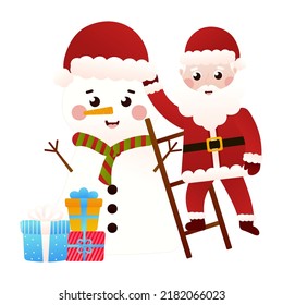 Santa Claus making a snowman in cartoon style on white background, clip art for poster design or greetings cards, invitations