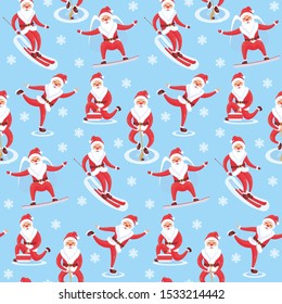 SANTA CLAUS MAKING WINTER SPORTS SKIING, SNOWBOARDING, FIGURE SKATING, CURLING. PATTERN DESIGN