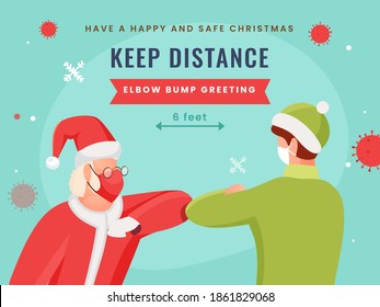 Santa Claus And Man Greets By Elbow Bumping In Protective Mask With Keep Distance On The Occasion Of Merry Christmas.