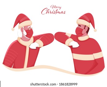 Santa Claus And Man Greets Each Other By Touching Their Elbows On The Occasion Of Merry Christmas For Avoid Coronavirus.