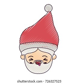 santa claus man kawaii face eyes closed and tongue out expression with christmas hat on color crayon silhouette on white background vector illustration
