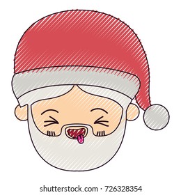 santa claus man kawaii face eyes closed and tongue out expression with hat color crayon silhouette on white background vector illustration
