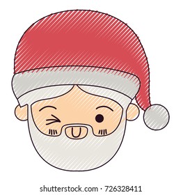 santa claus man kawaii face wink eye expression with hat color crayon silhouette on white background vector illustration