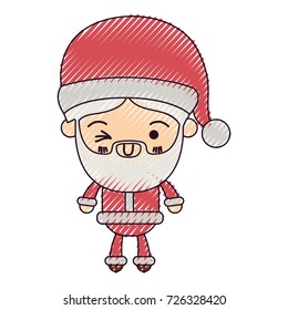 santa claus man kawaii full body cartoon wink eye expression with hat and costume color crayon silhouette on white background vector illustration