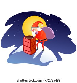 Santa Claus man in red suit and beard with bag of gifts behind him climbs into chimney, marry of christmas and happy new year vector illustration on white background card