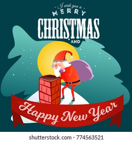 Santa Claus man in red suit and beard with bag of gifts behind him climbs into chimney, marry of christmas and happy new year vector illustration on white background card