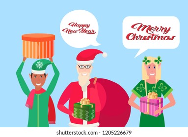 santa claus man woman elf helper holding gift box happy new year merry christmas concept chat bubble communication horizontal portrait vector illustration