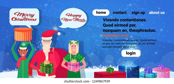 santa claus man woman elf helper holding gift box happy new year merry christmas concept chat bubble communication horizontal portrait copy space