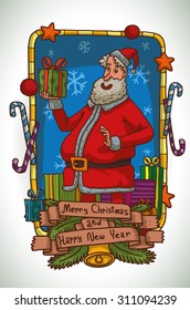 Santa Claus and many gift box are behind him, Christmas frame with stars and candies for Christmas card, vector