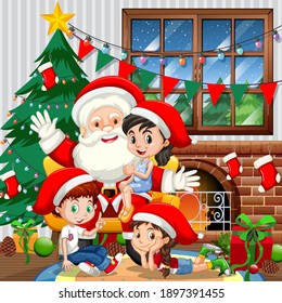 Santa Claus with many kids in room scene illustration