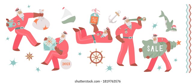 Santa Claus The Marine personas set. Modern vector concept of Santa in sailor suit carrying gift bag, holding discount label, gift box, Christmas tree.