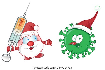 santa claus mascot fight against corona virus covid-19 cartoon on white background