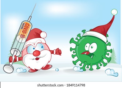 santa claus mascot fight against corona virus covid-19 cartoon on christmas background