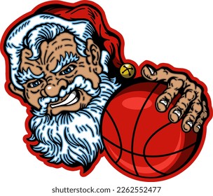 santa claus mascot holding basketball for school, college or league sports