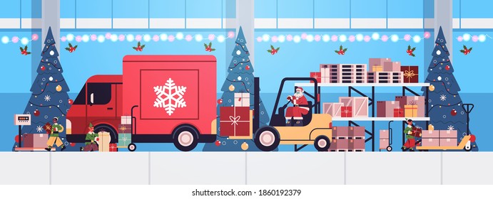 santa claus in mask forklift truck loading colorful gifts in lorry truck merry christmas happy new year express delivery concept horizontal vector illustration