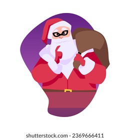Santa Claus in mask with gifts bag showing to be silent gesture. Secret Santa delivering present isolated on white. Vector cartoon illustration merry christmas and happy new year.