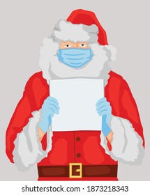 Santa Claus in a mask and gloves with a poster, template for the inscription,vector illustration