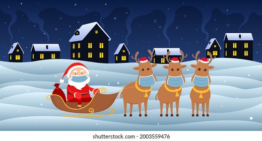 Santa Claus in mask on reindeer sledge. Cartoon style. Vector illustration.