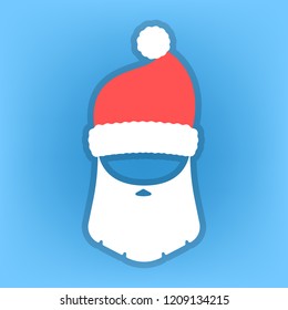 Santa Claus mask with red fluffy hat, moustache and white beard. Element of christmas costume. Flat vector illustration