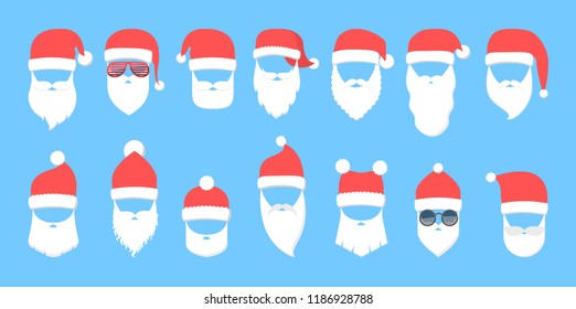 Santa Claus mask with red hat and white beard set. Collection of xmas party masks. Element of christmas costume. Flat vector illustration